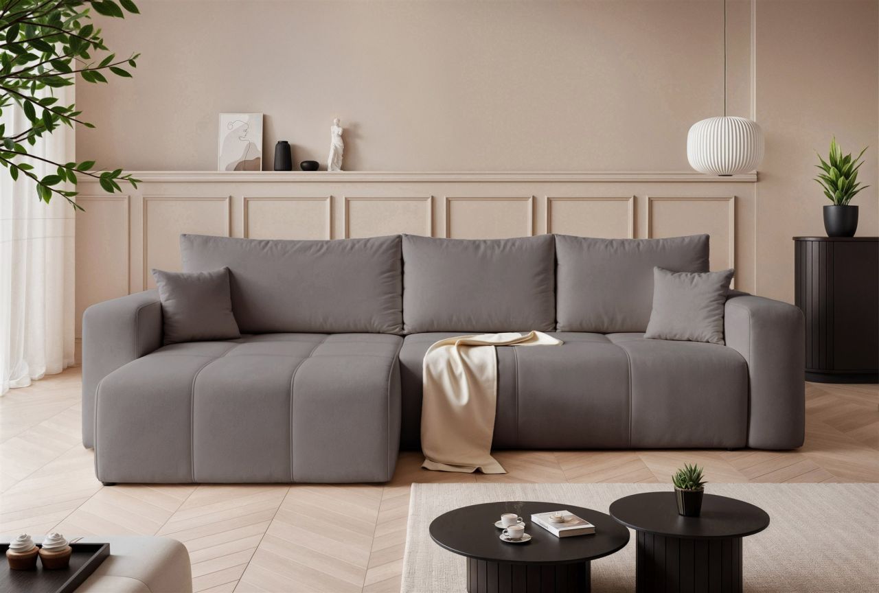 Ecksofa Schlafsofa Sofa LEROS in Stoff Manila Grau Ottomane Links