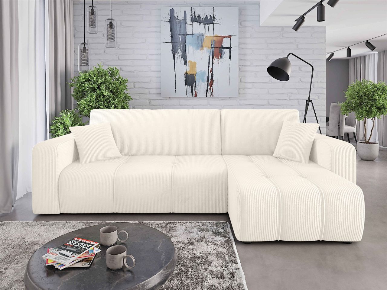 Ecksofa mit Schlaffunktion Sofa DAGNY in Stoff Poso Creme Ottomane Rechts