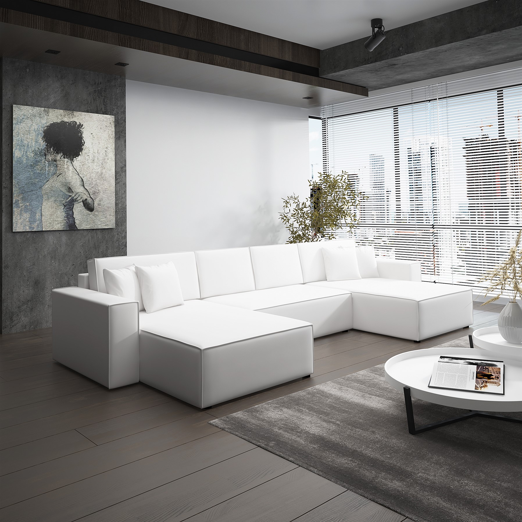 Wohnlandschaft Schlafsofa Sofa CONOR Kunstleder Weiß | Wohnlandschaft mit Schlaffunktion | Serie-CONOR | Polstermöbel-Serie