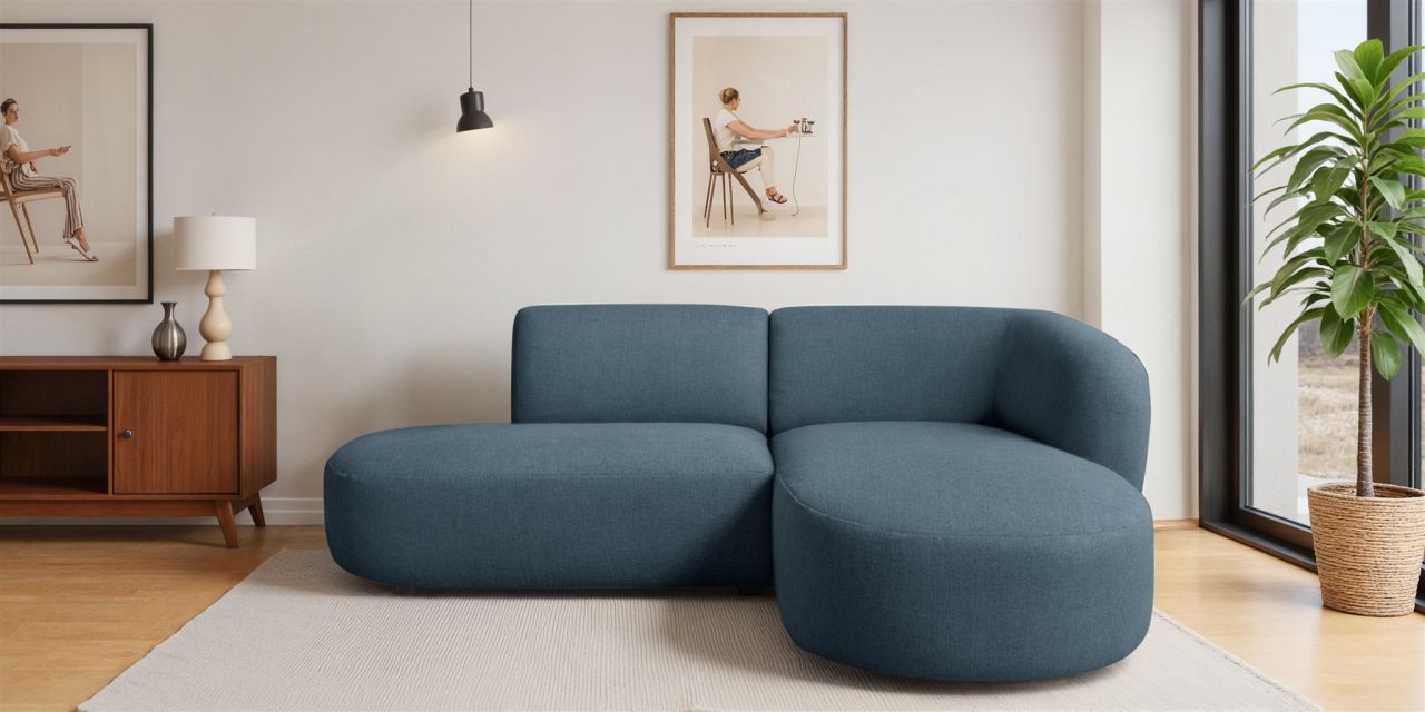 Ecksofa ersofa BABETTE in Stoff Lins Blau Ottomane Rechts