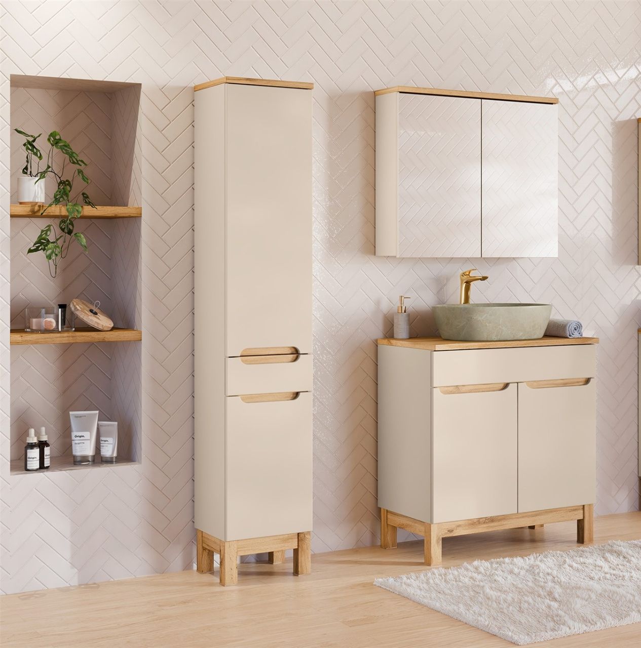 Badmöbel Set 4-tlg Badezimmerset DEVI Cashmere Schrank 80cm inkl. Waschtisch ...