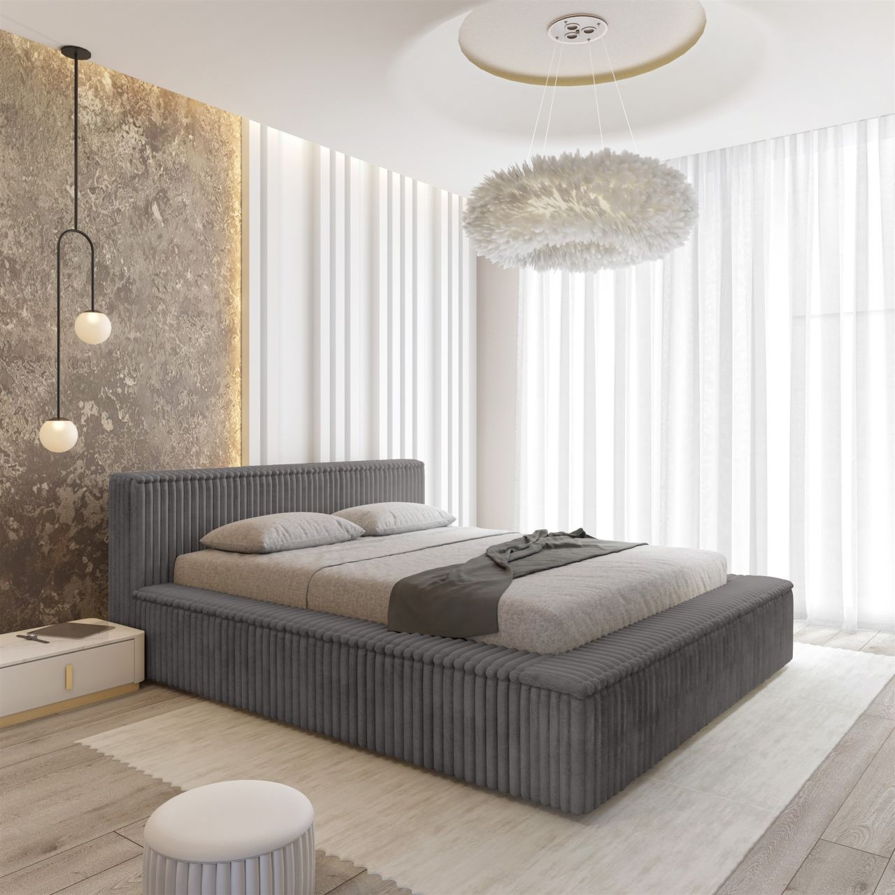 Polsterbett Doppelbett TULSA 140x200cm Komplettset in Stoff Vito Grau