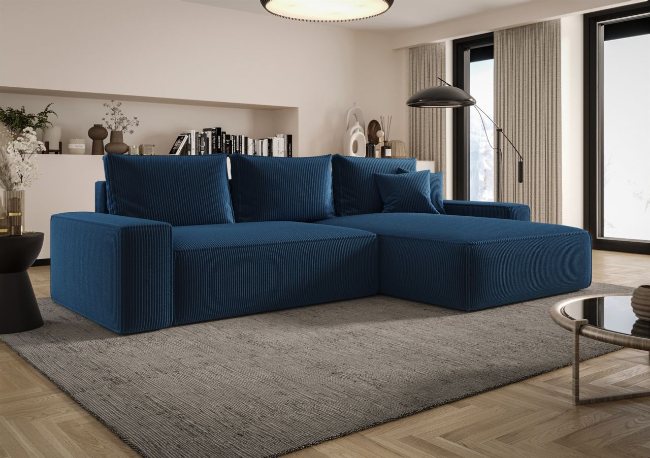 Ecksofa Schlafsofa Sofa WALKEN Stoff Poso Blau Ottomane Rechts