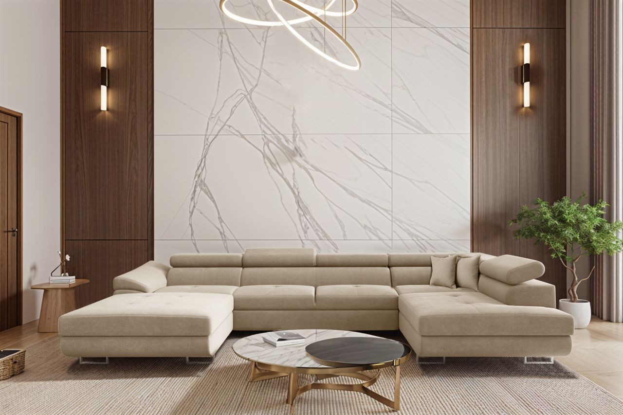 OUTLET Wohnlandschaft Schlafsofa Sofa CARMELO in Stoff Nova Beige Ottomane Links