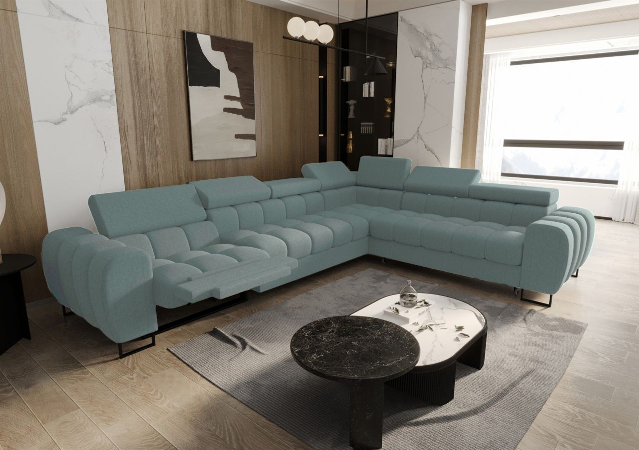 Ecksofa Schlafsofa BASTIEN RELAX in Stoff Gemma Türkis Ottomane Rechts