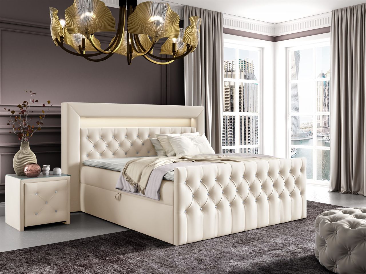 Boxspringbett Schlafzimmerbett SEVRA Nr.1 160x200cm in Elisa Velvet Cremeweiss