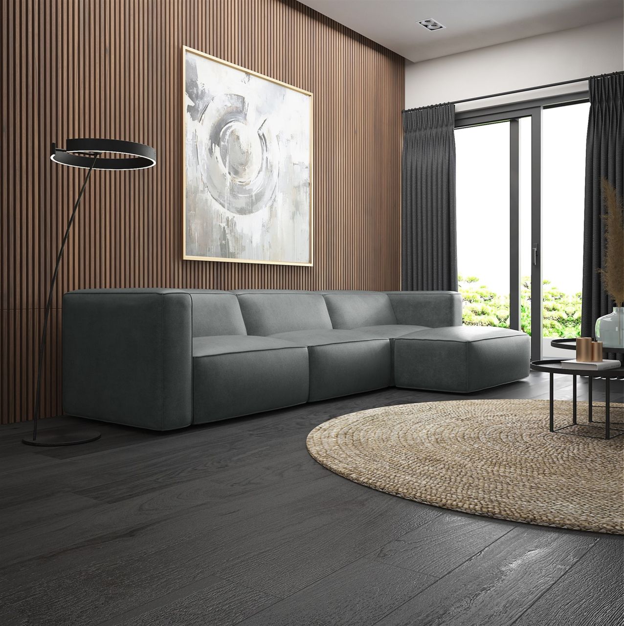 Ecksofa ersofa Sofa HELMER in Stoff Pola Dunkelgrau Ottomane Rechts