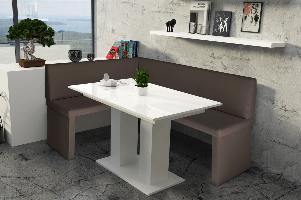 Eckbankgruppe 196x142 cm ROBIN XL R Braun / Esstisch DANTE Weiss HGL