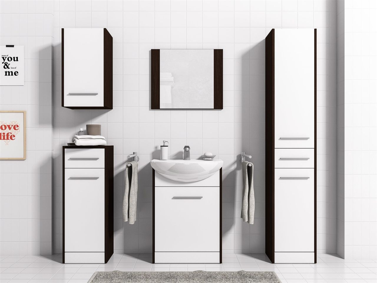 Badmöbel Set 6-Tlg Wenge / Weiss matt SEVILLA L inkl.Waschtisch