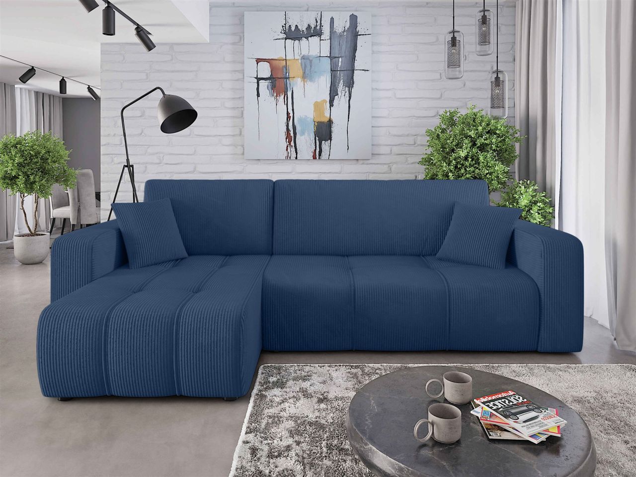 Ecksofa mit Schlaffunktion Sofa DAGNY in Stoff Poso Blau Ottomane Links
