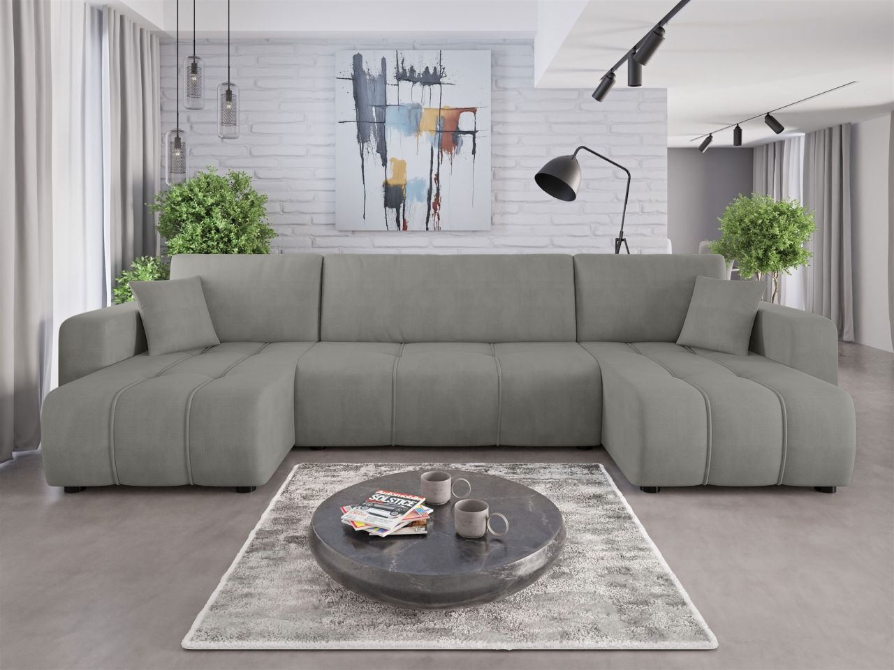 Wohnlandschaft mit Schlaffunktion DAGNY Sofa U-Form in Stoff Cosmic Hellgrau
