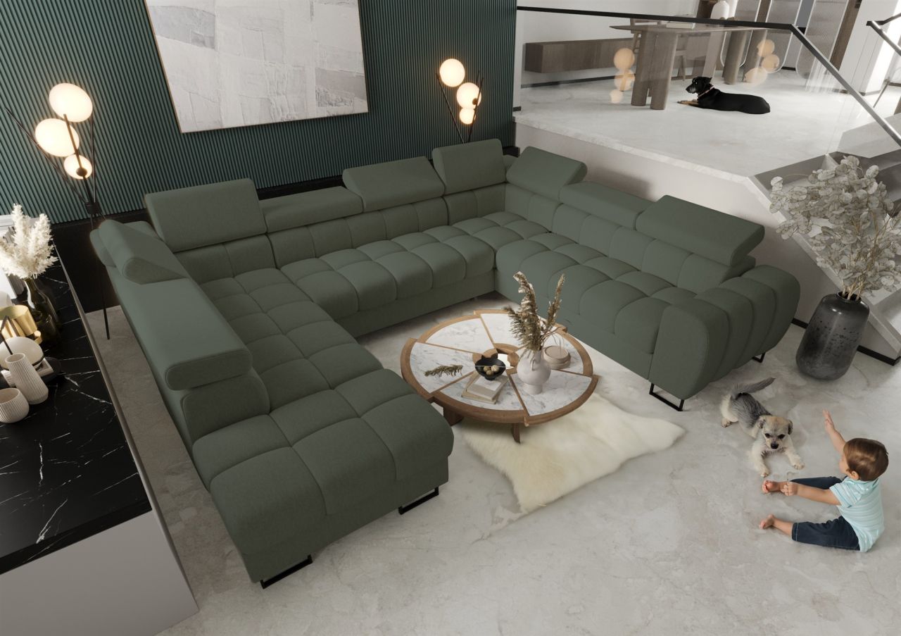 Wohnlandschaft Schlafsofa BASTIEN XL in Stoff Gemma Dunkelgrün Ottomane Links