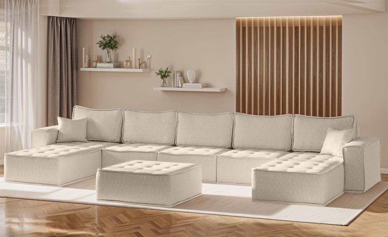 Wohnlandschaft Sofa U-Form Modulsofa-Set 6-teilig SANDE Stoff Raven Creme