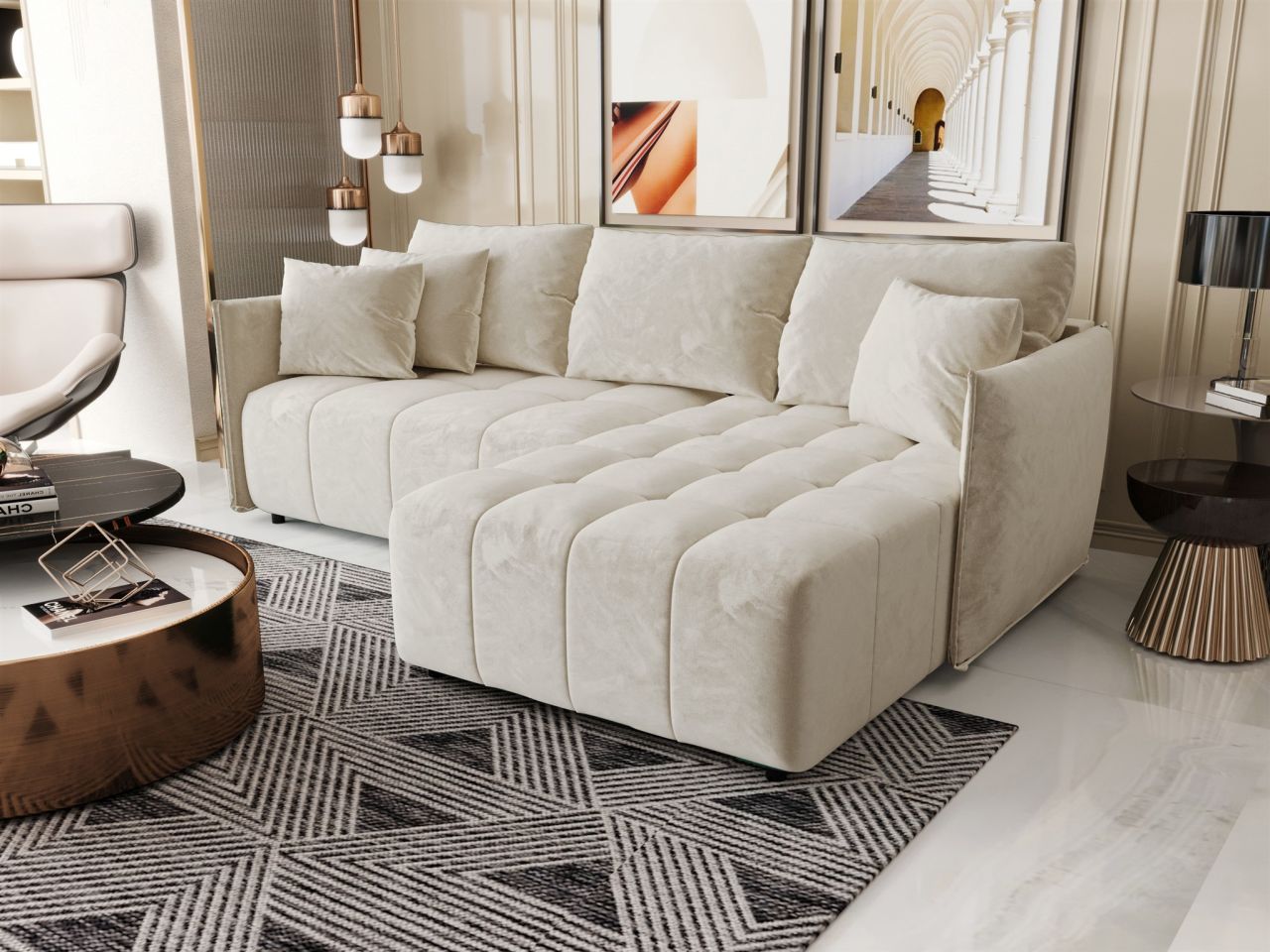 Ecksofa Schlafsofa TREVISO Stoff Monolith Creme Ottomane Rechts