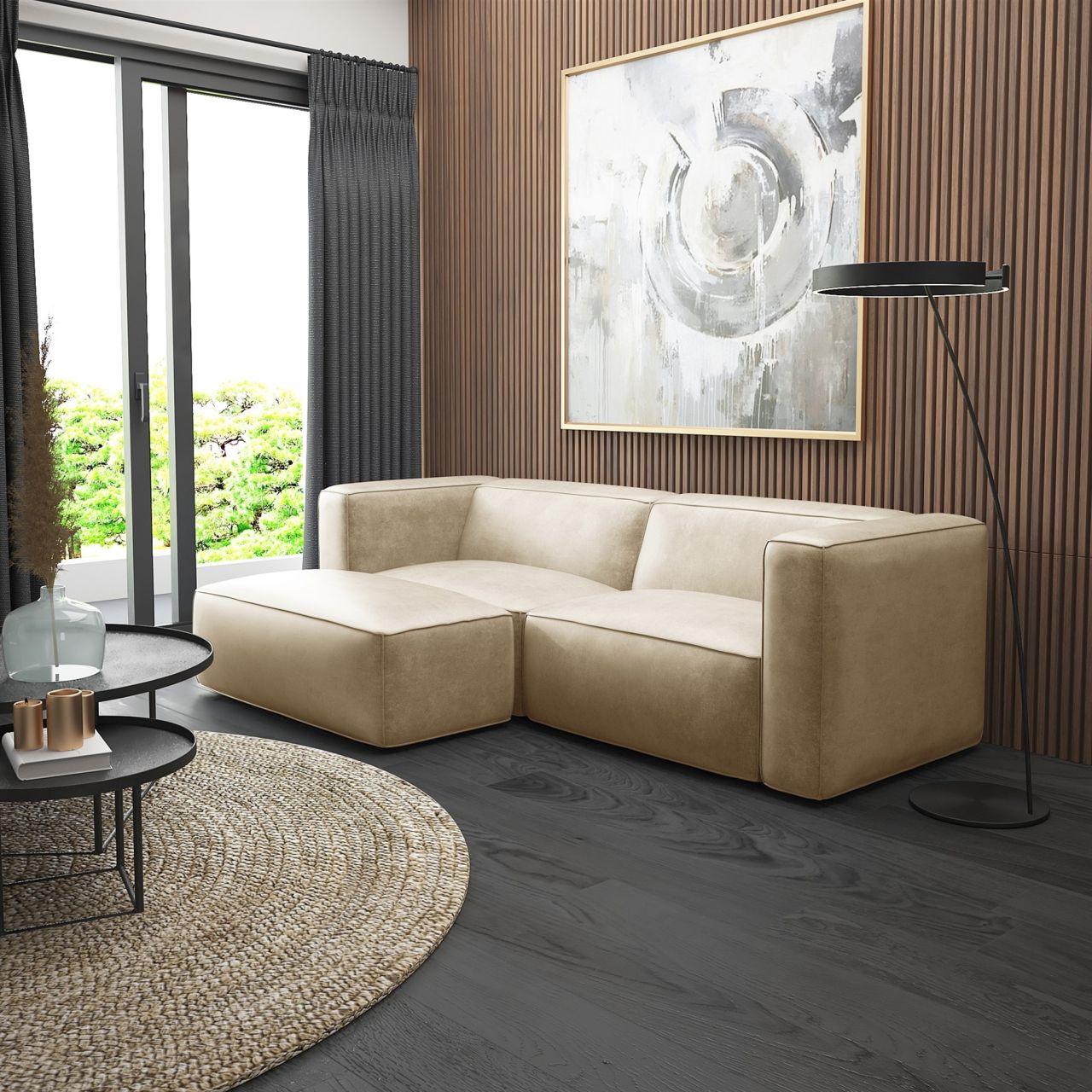 Ecksofa ersofa Sofa HELMER XS in Stoff Pola Beige Ottomane Links