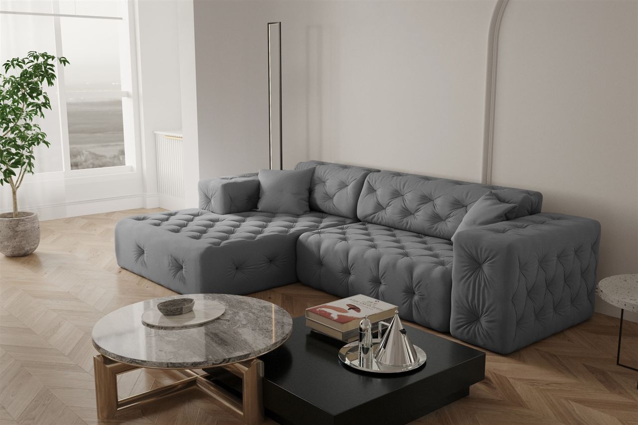 Ecksofa ersofa CHANTAL in Stoff Opera Velvet Grau Ottomane Links