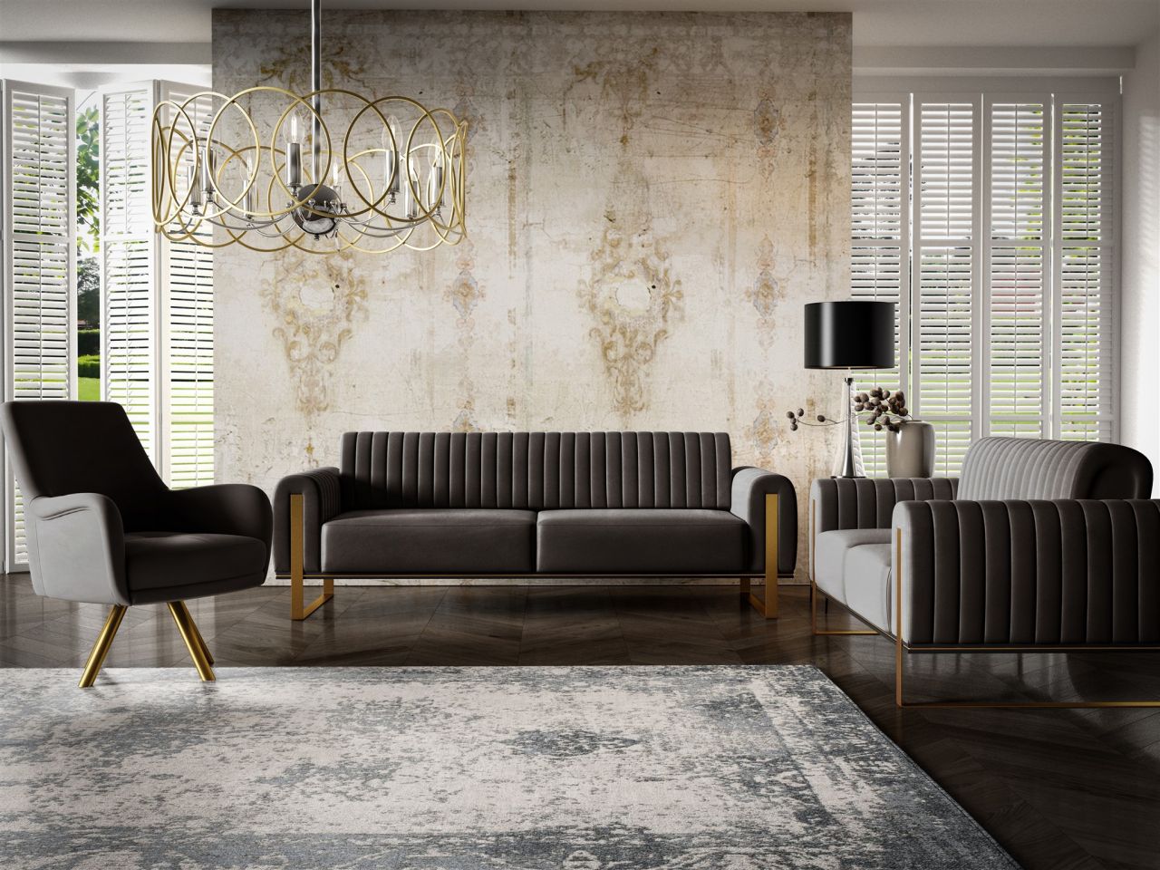 Sofaset ersofas VALERIE 3-2-1 in Stoff Stoff Elisa Velvet Schwarz