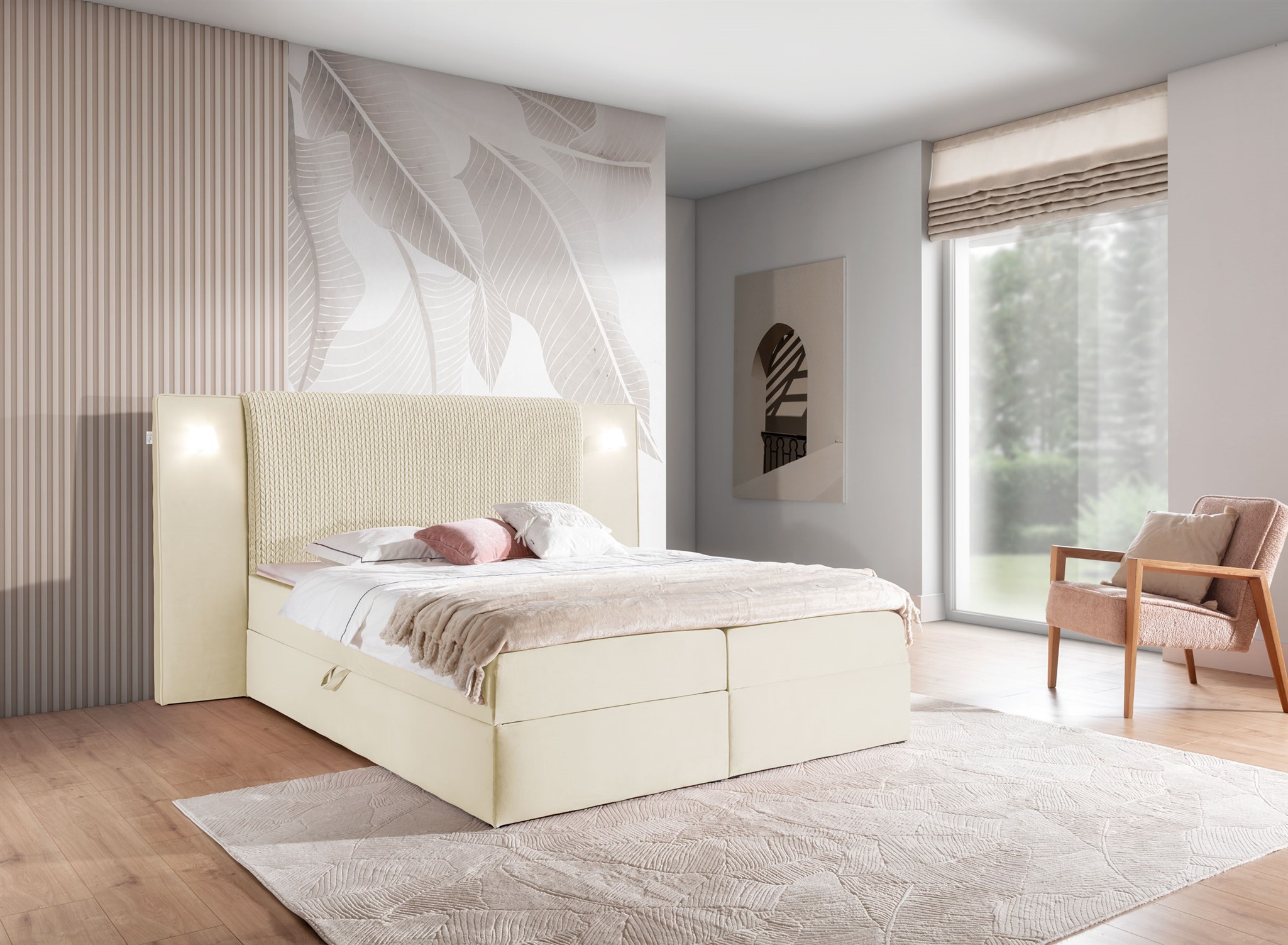 Boxspringbett Bett MARTEN 180x200cm Set.1 in Stoff Magic Velvet Creme | Breite: 180 cm | Boxspringbetten mit LED Beleuchtung | Schlafzimmer