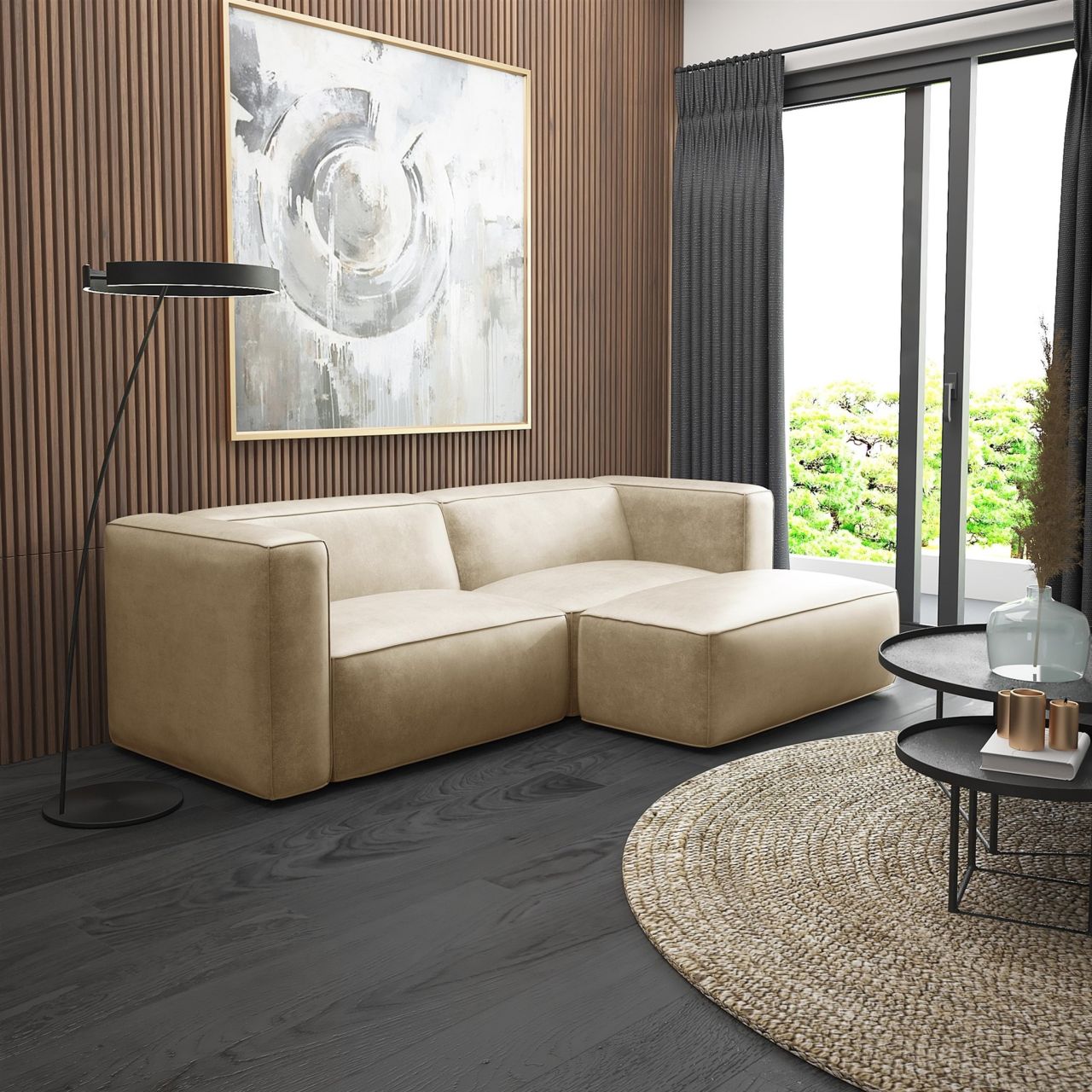 Ecksofa ersofa Sofa HELMER XS in Stoff Pola Beige Ottomane Rechts