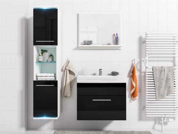 Badmöbel Set 4-Tlg Weiss / Schwarz HGL TOPI inkl.Waschtisch inkl.LED