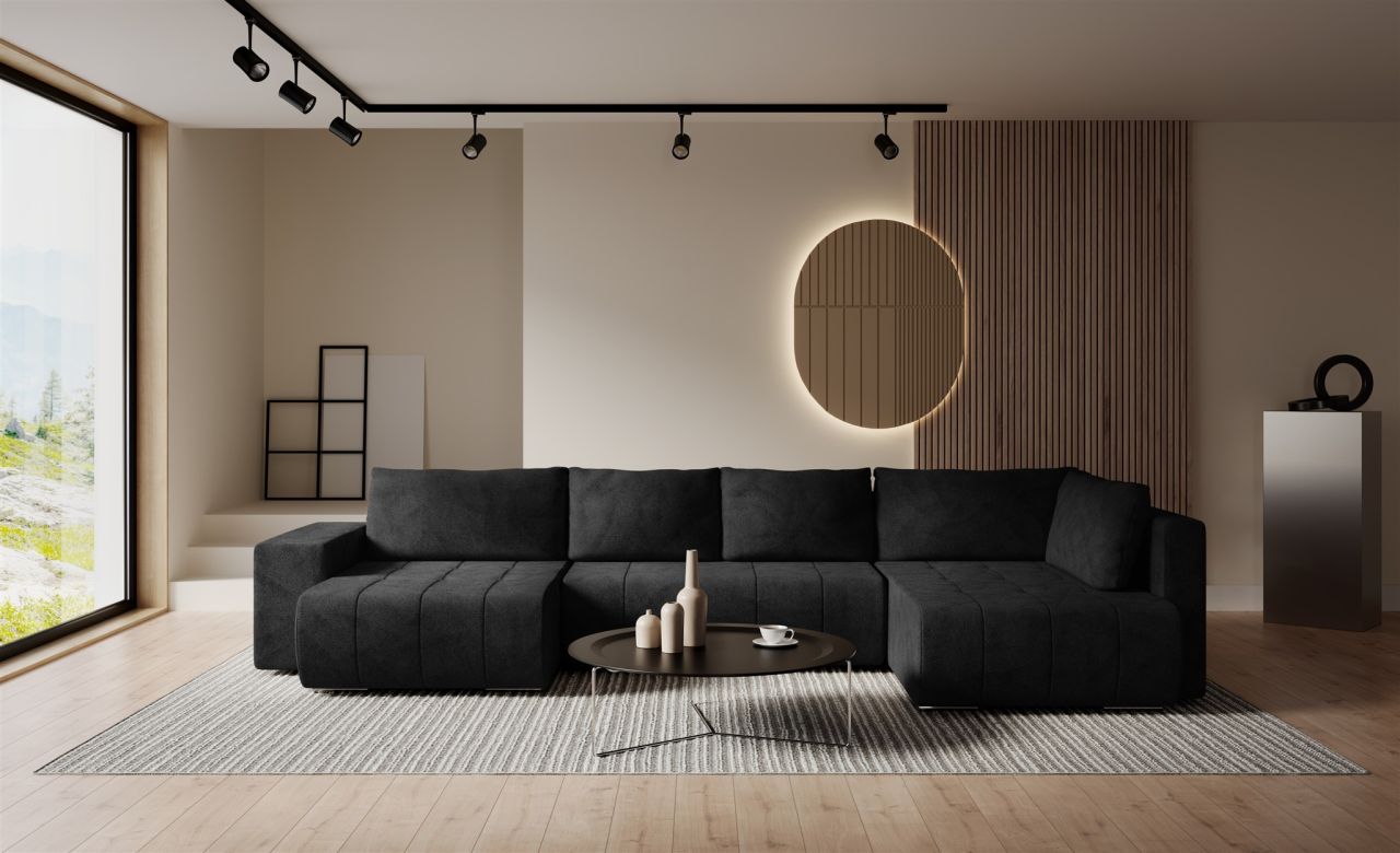 Wohnlandschaft Schlafsofa ARMANDA in Stoff Blur Schwarz langer Schenkel Rechts