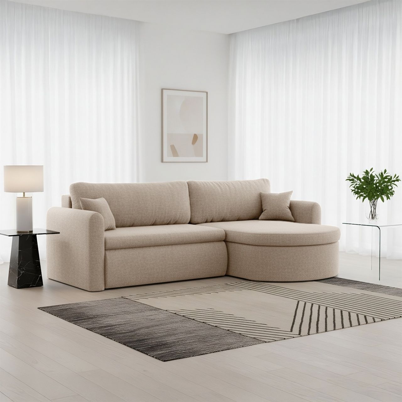 Ecksofa Schlafsofa FELIZ Stoff Faro Hellbraun Ottomane Rechts