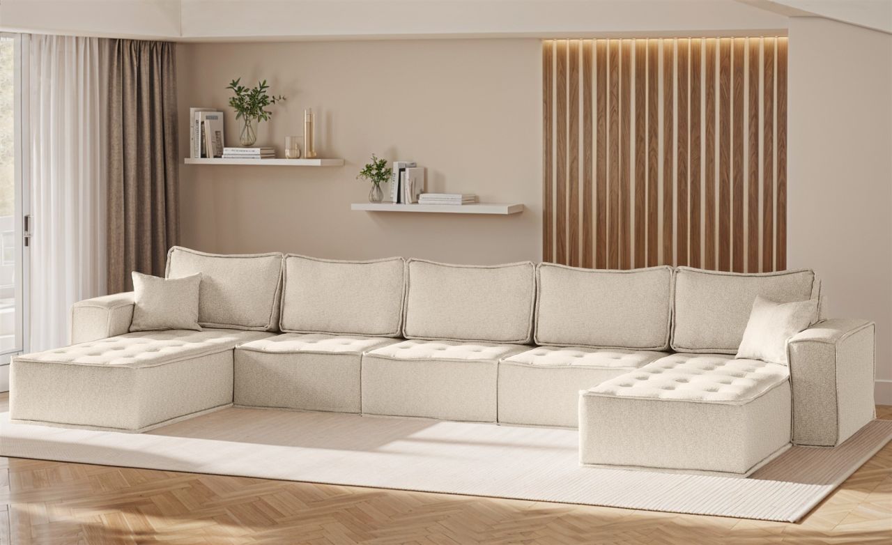 Wohnlandschaft Sofa U-Form Modulsofa-Set 5-teilig SANDE Stoff Raven Creme